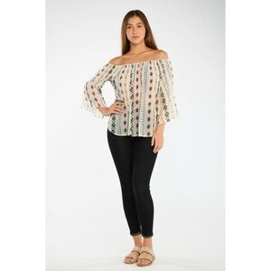 Yahada Womens Off Shoulder Blouse Large Boho Ethnic Bell Sleeve Off White